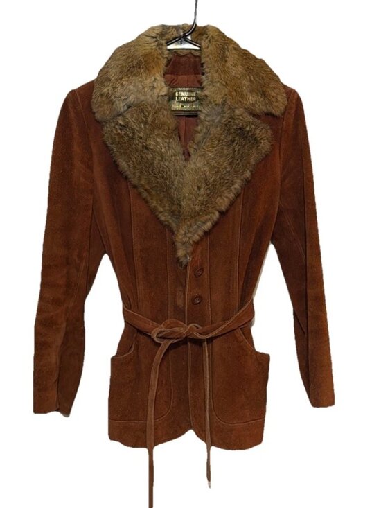 Genuine Leather Jackets & Blazers - Genuine Suede Leather Fur Collared Coat with Belt Women's Size 7/8